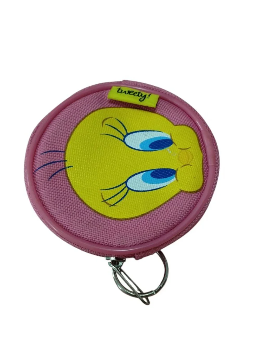 Warner Bros Tweety Bird Round Change Coin Purse Pink Zip Around Cartoon Novelty